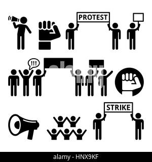 Protest, strike, people demonstrating or fighting for their rights icons set Stock Vector