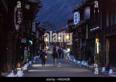 Row of Old Houses at Naraijuku Historical Post Town in Nagano Japan Stock Photo