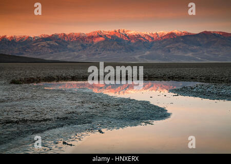 Telescope Peak (11,049 ft.) and Panamint Range reflected on pond, Badwater Basin, Death Valley National Park, California USA Stock Photo