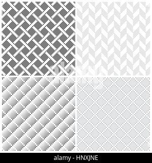 Seamless pattern. Collection of four simple pixel textures with small squares. Repeating geometric shapes, rhombuses, squares, rectangles. Monochrome. Stock Vector