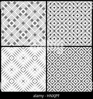 Seamless pattern. Collection of four simple classic textures with small dots, squares. Repeating geometric shapes, rhombuses, diamonds, dots. Monochro Stock Vector