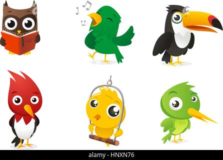 Six Cartoon full color birds set, with owl, parrot, toucan and woodpecker vector illustration. Stock Vector