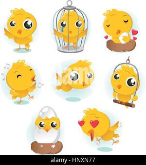 Cartoon Canary bird action set collection. With eight different birds in different situations like standing bird, in cage bird, in love bird, singing  Stock Vector