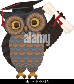 Wise owl standing with diploma and hat vector illustration. Stock Vector