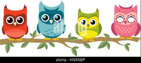 Four owls perching together, with red owl, blue owl, green and yellow owl, pink owl vector illustration. Stock Vector