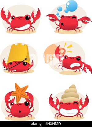 Red cartoon crab action set, with six different crabs in different situations vector illustration. Stock Vector