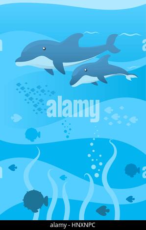 Two Dolphins swimming under deep water with seven fish in different shapes and sizes vector illustration. Also, two fish shoals. Stock Vector