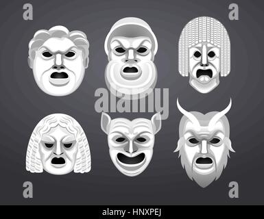 Greek Theatre Mask Set Vector Illustration Cartoon. Stock Vector