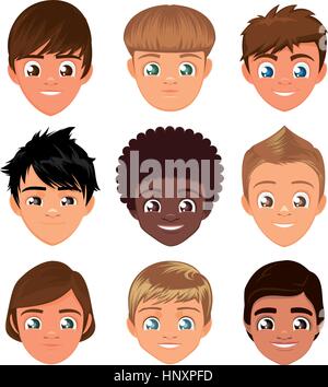 Little boys head faces avatar profile cartoon special character Set, with cool hairstyle vector illustration. Stock Vector