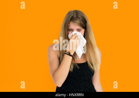 Blonde Girl Crying Sneezing Concept Stock Photo