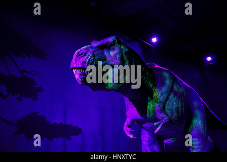 Animated Tyrannosaurus Rex as a part of a dinosaur exhibition in Natural History Museum, South Kensington, London Stock Photo