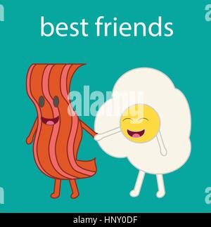 Cartoon vector of a bacon slice and a fried egg. Best friends. Stock Vector