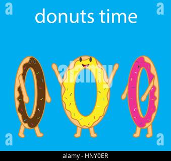 Cartoon vector of three funny donuts. Donuts time. Stock Vector