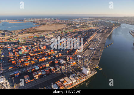 Los Angeles, California, USA - August 16, 2016:  Afternoon aerial view of Port of Los Angeles berths, cranes and containers. Stock Photo