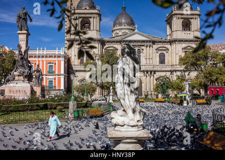 Plaza Murillo, in background the Cathedral, La Paz, Bolivia Stock Photo