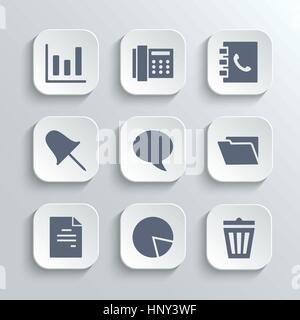 Web icons set - vector white app buttons with diagram fax phonebook pin speech bubble document chart trash can and folder symbols Stock Vector