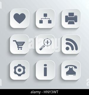 Web icons set - vector white app buttons with heart follow printer sitemap shopping cart zoom rss settings gear information telephone Stock Vector