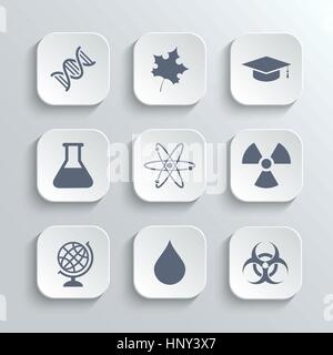 Science icons set - vector white app buttons with dna maple leaf graduation cap atom radioactivity bio hazard laboratory bulb globe drop water Stock Vector