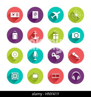 Vector Travel Icons Set in Flat Design with Long Shadows on circle buttons with ticket passport airplane compass bag anchor gift camera webcamera mic  Stock Vector
