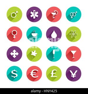 Vector Web Icons Set in Flat Design with Long Shadows on circle buttons with man woman gender symbols caduceus cup of coffee waterdrop atom maple leaf Stock Vector
