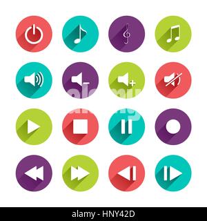 Vector Music Control Panel Icons Set in Flat Design with Long Shadows on circle buttons Stock Vector