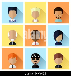 Colorful Male Avatars Square Icons Set in Flat Style with Long Shadow Stock Vector