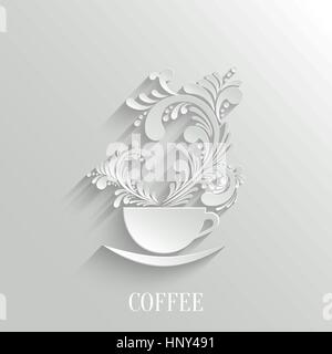 Abstract 3d Cup of Coffee with Floral Aroma Design Element with Shadow. Trendy Design Template. Easy paste to any Background Stock Vector