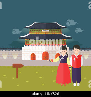 Smiling couple against Korean palace Stock Photo