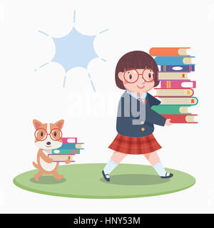 Smiling school girl carrying stacked books Stock Photo