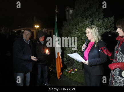 Sinn Fein's new leader at Stormont Michelle O'Neill addresses a commemoration in Clonoe, Co Tyrone in memory of IRA men, Patrick Vincent, Sean O'Farrell, Peter Clancy and Barry O'Donnell, who were killed by the SAS in February 1992. Stock Photo