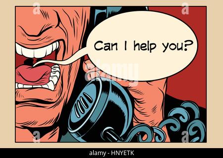 Can i help you. Angry man talking on the phone. Vintage pop art retro comic book vector illustration Stock Vector