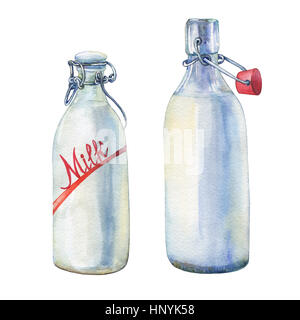 Bottles of milk. Hand drawn watercolor painting on white background. Stock Photo