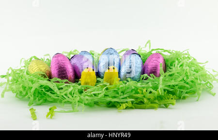 Easter Eggs on green shredded paper with yellow chickens Stock Photo