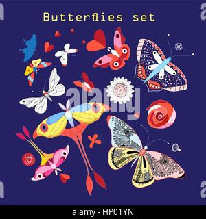 Vector set of various beautiful butterflies on a dark blue background Stock Vector