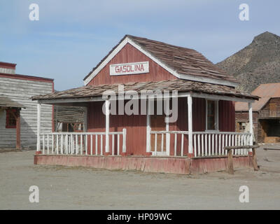 Wooden Gas Station Building in Fort Bravo Film Set, Tabernas Desert, Almeria, Spain Stock Photo