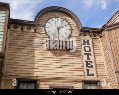 Wooden Hotel building in Fort Bravo Film Set, Tabernas Desert, Almeria, Spain Stock Photo