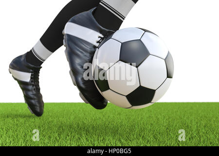 3d rendering soccer player kicking soccer ball in motion Stock Photo