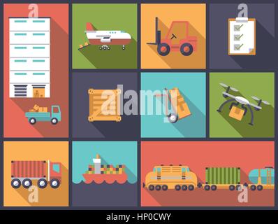 Horizontal flat design long shadow illustration with transport, shipping and cargo Stock Vector