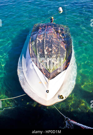 Sunken motor boat after tramontane storm in Zadar, Croatia, Dalmatia Stock Photo