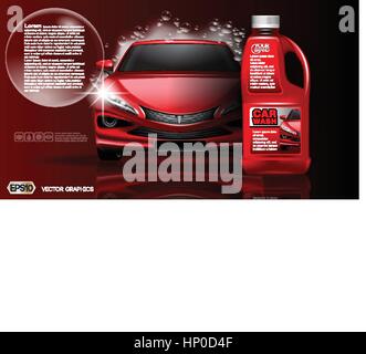 High quality Car washing Product package mock up ads. Bottle of carwash soap. 3d realistic modern vehicle template Stock Vector