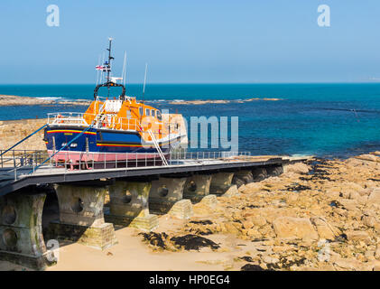 SENNEN COVE, CORNWALL, UK, 18th March 2015: The Tamar Class 'R.N.L.B. Victor Freeman ' RNLI relief fleet lifeboat on the slipway at Sennen Cove. Stock Photo