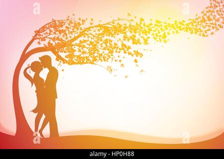 The Silhouette couple under three of love with heart on pink background vector illustration eps 10 Stock Vector