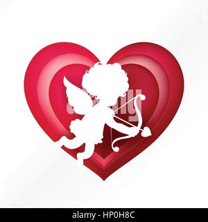 Silhouette cupid over pink heart for valentine and wedding card decoration background vector illustration eps 10 Stock Vector