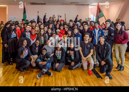 New York, USA. 16th Feb, 2017. Nick Cannon joined Hawk Newsome from Black Lives Matter in Greater New York. The students and staff of South Bronx Community Charter School and the NYC YALP Students (Young Adult Literacy Program) give a speech about activism at the South Bronx Community High School and address the press after about his decision to leave NBC. Credit: Erik McGregor/Pacific Press/Alamy Live News Stock Photo