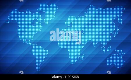 Dotted world map made of glowing dots. Abstract blue light background for your design Stock Vector