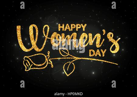 Happy Women's Day golden handwritten lettering. March 8. Modern vector hand drawn calligraphy with abstract rose made of abstract spangles Stock Vector