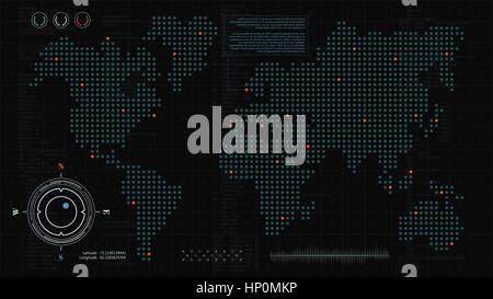 Head up display. Futuristic background with computer code, HUD user interface elements and dotted world map for your design Stock Vector