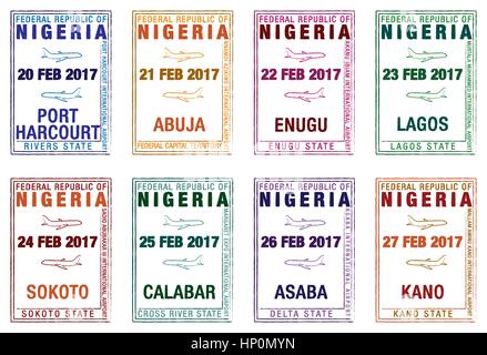 Stylised passport stamps of Nigeria in vector format. Stock Vector