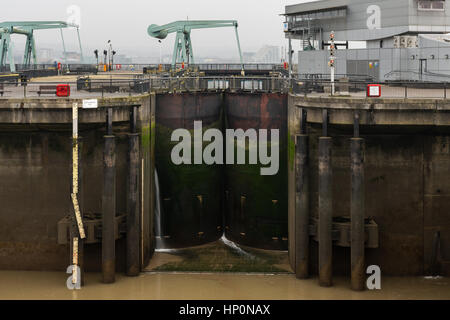 Section of Cardiff Bay barrage including sluice. Seaward side of barage between Queen Alexandra Dock and Penarth Head in Cardiff, Wales, UK Stock Photo