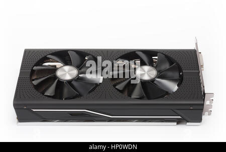 New modern gaming graphics card on white background, main component for VR gaming. Stock Photo